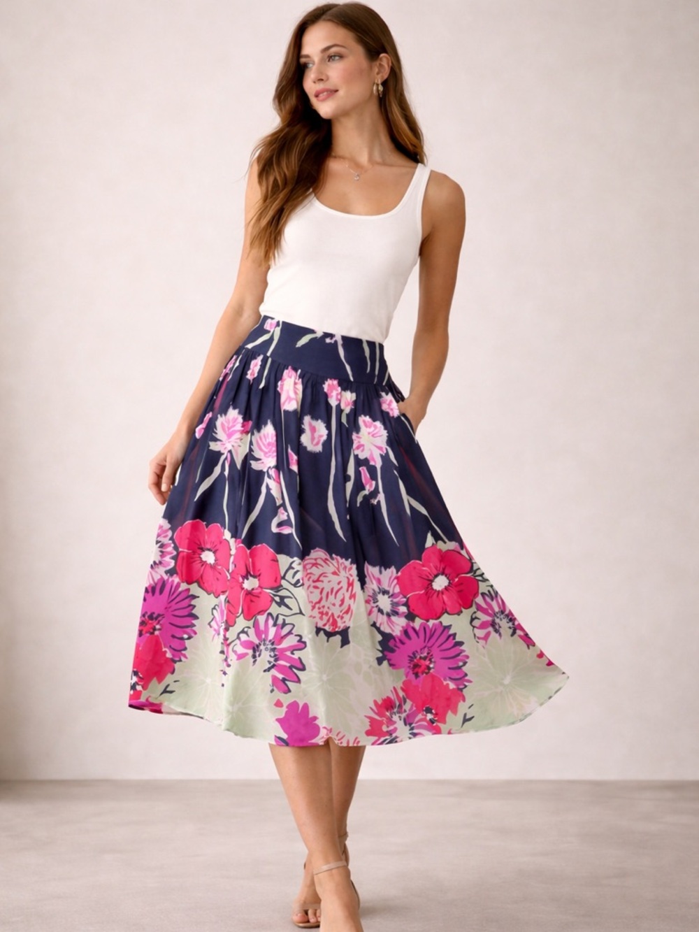 St John Collection Silk A Line Skirt Floral Navy Pink Size 10